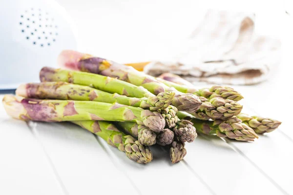 Fresh Raw Uncooked Green Asparagus White Table — Stock Photo, Image