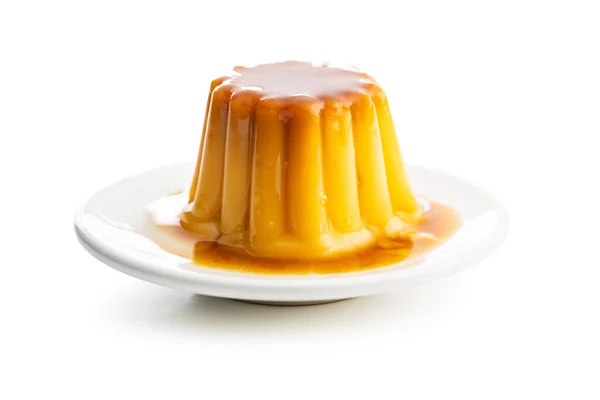 Sweet Vanilla Pudding Sweet Dessert Caramel Topping Isolated White Background — Stock Photo, Image