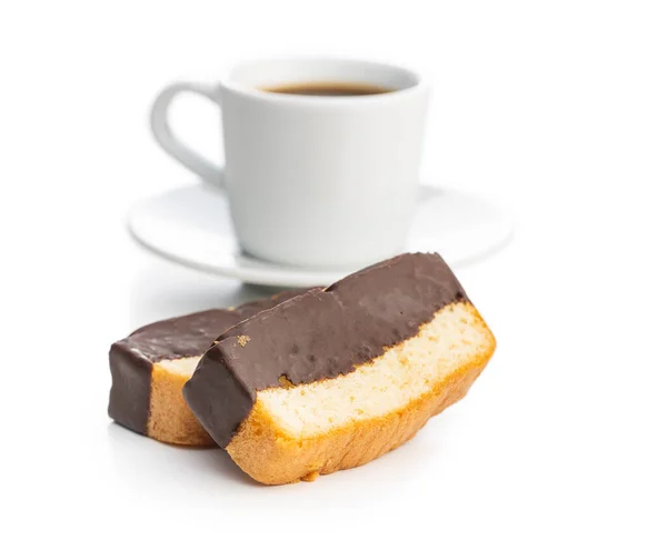 Dessert Affettato Spugna Dolce Pan Spagna Con Cioccolato Tazza Caffè — Foto Stock