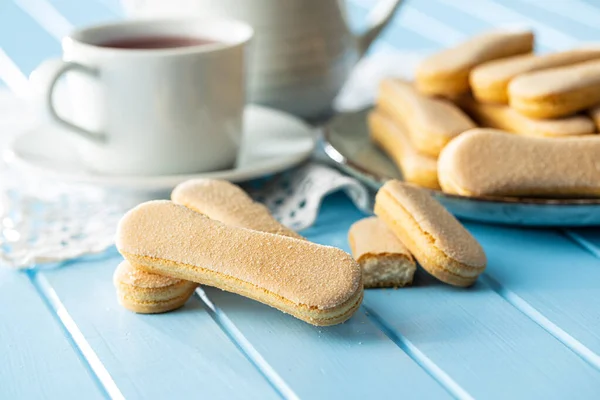 Italienische Plätzchen Savoiardi Süße Kekse Biskuit Tiramisu Auf Blauem Tisch — Stockfoto