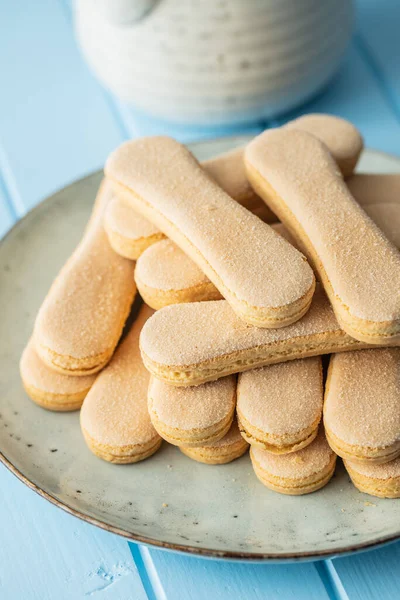 Italian Cookie Savoiardi Sweet Biscuits Sponge Cookies Tiramisu Blue Table — Stock Photo, Image