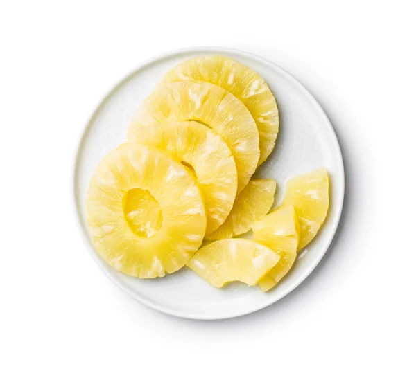 Frutta Fette Ananas Scatola Isolata Fondo Bianco — Foto Stock