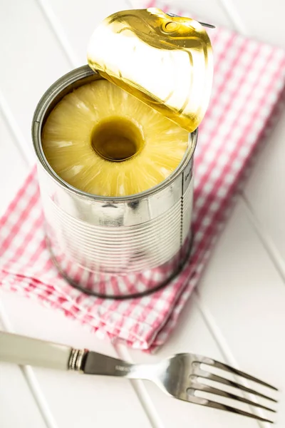 Canned Sliced Pineapple Fruit Can White Table — Stock Photo, Image