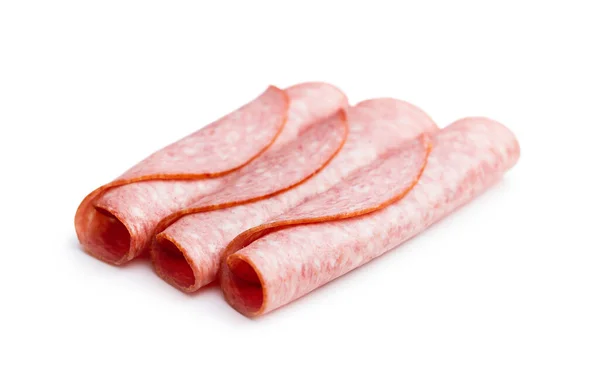 Geschnittene Geräucherte Salami Isoliert Auf Weißem Hintergrund — Stockfoto