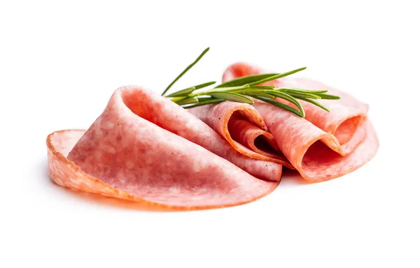 Gesneden Gerookte Salami Geïsoleerd Witte Achtergrond — Stockfoto