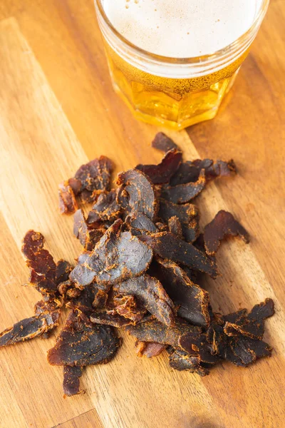 Sliced Beef Jerky Dried Beef Meat Wooden Table — Stock Photo, Image