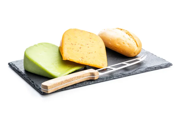 Block Hard Cheese Chili Wasabi Flavor Cutting Board Isolated White — Stock Photo, Image