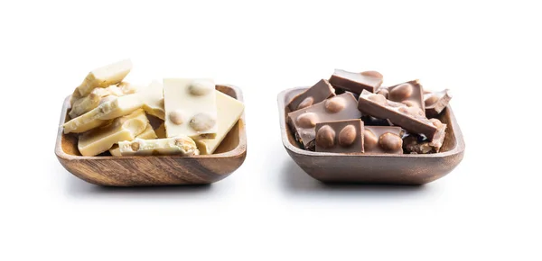 White Dark Nutty Chocolate Hazelnuts Bowl Isolated White Background — Stock Photo, Image