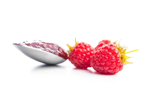 Ripe Red Raspberries Jam Isolated White Background — Stock Photo, Image
