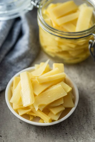 Sliced Canned Bamboo Shoots Bowl Kitchen Table — Stock Photo, Image