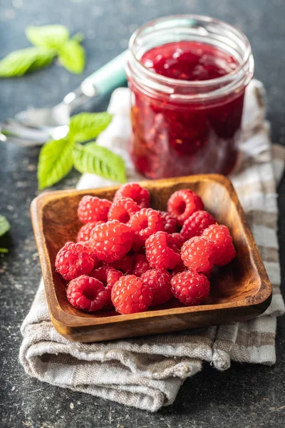 Ripe Raspberries Bowl Raspberry Jam Checkered Napkin — Stock Photo, Image