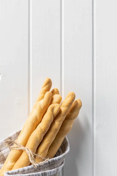 Grissini Sticks Traditional Italian Bread Sticks White Table Top View — Stock Photo, Image