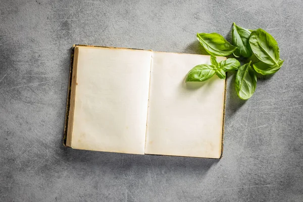 Blanco Receptenboek Kookboek Groene Basilicum Bladeren Keukentafel Bovenaanzicht — Stockfoto