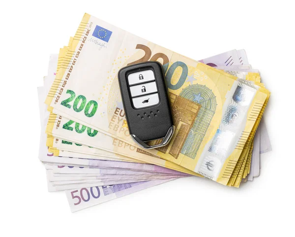 Eurobankbiljetten Draadloze Autosleutel Geïsoleerd Witte Achtergrond — Stockfoto