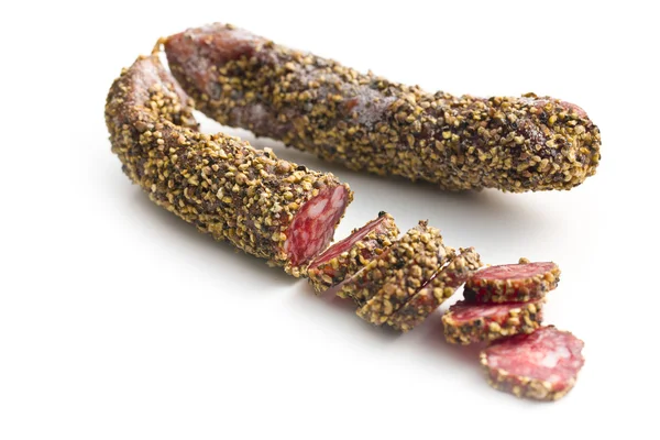 Dried sausage with peppercorn — Stock Photo, Image