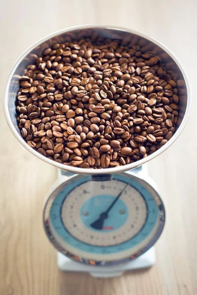 Kavrulmuş kahve çekirdekleri ölçeklerde — Stok fotoğraf