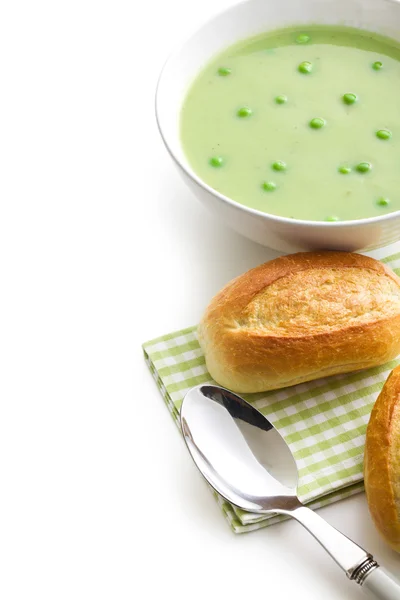 Pea soup with bun — Stock Photo, Image