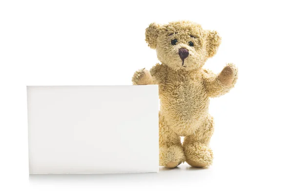 Urso de pelúcia com placa em branco — Fotografia de Stock