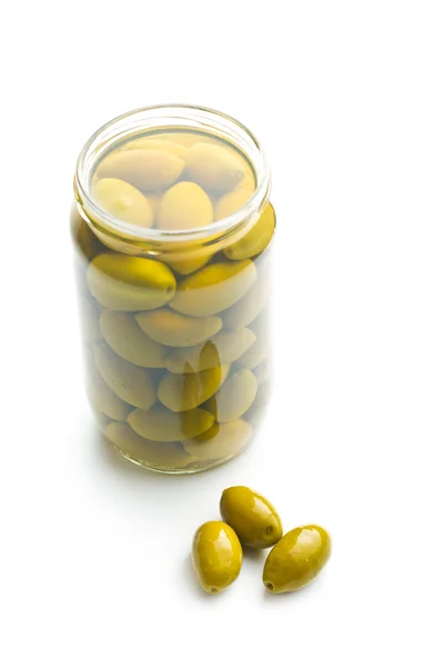 Green olives in jar — Stock Photo, Image