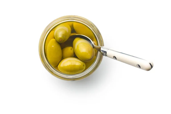 Green olives in jar — Stock Photo, Image