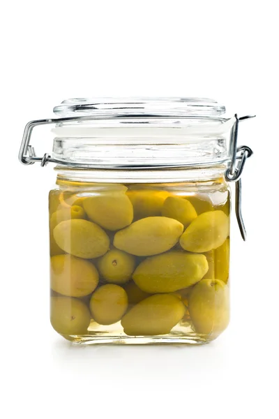 Pickled green olives in jar — Stock Photo, Image