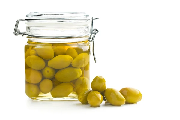 Pickled green olives in jar — Stock Photo, Image