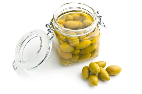 Pickled green olives in jar — Stock Photo, Image