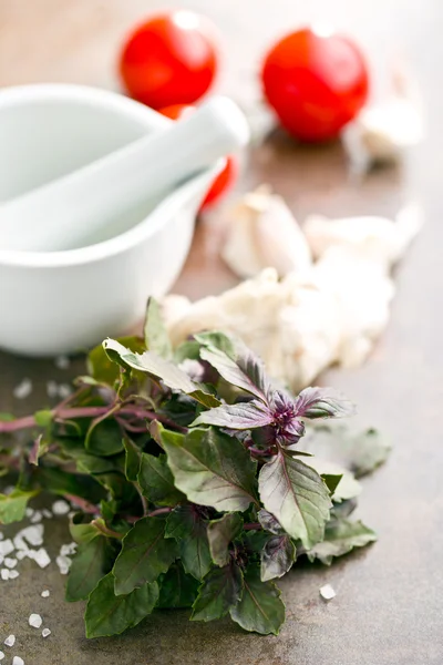 Mazzetto di basilico e pomodori — Foto Stock