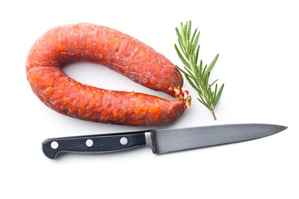 Salsiccia, coltello e rosmarino Chorizo — Foto Stock