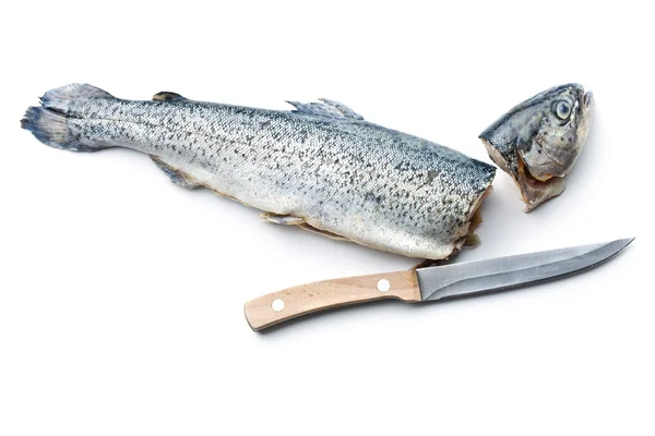 칼으로 철거 할된 송어 — 스톡 사진