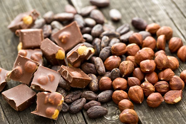 Chocolade, hazelnoten en cacaobonen — Stockfoto