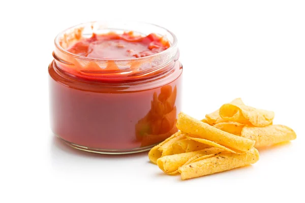 Rolou nacho chips e molho de salsa — Fotografia de Stock