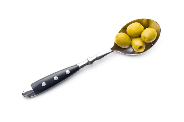 Urkärnade gröna oliver i sked — Stockfoto