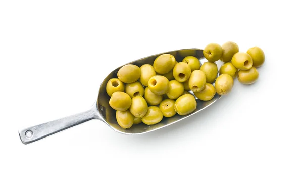 Pitted green olives in scoop — Stock Photo, Image