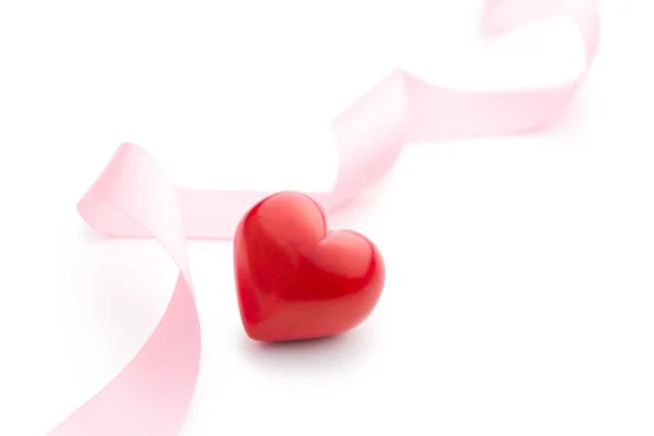 Pink ribbon with red heart — Stock Photo, Image