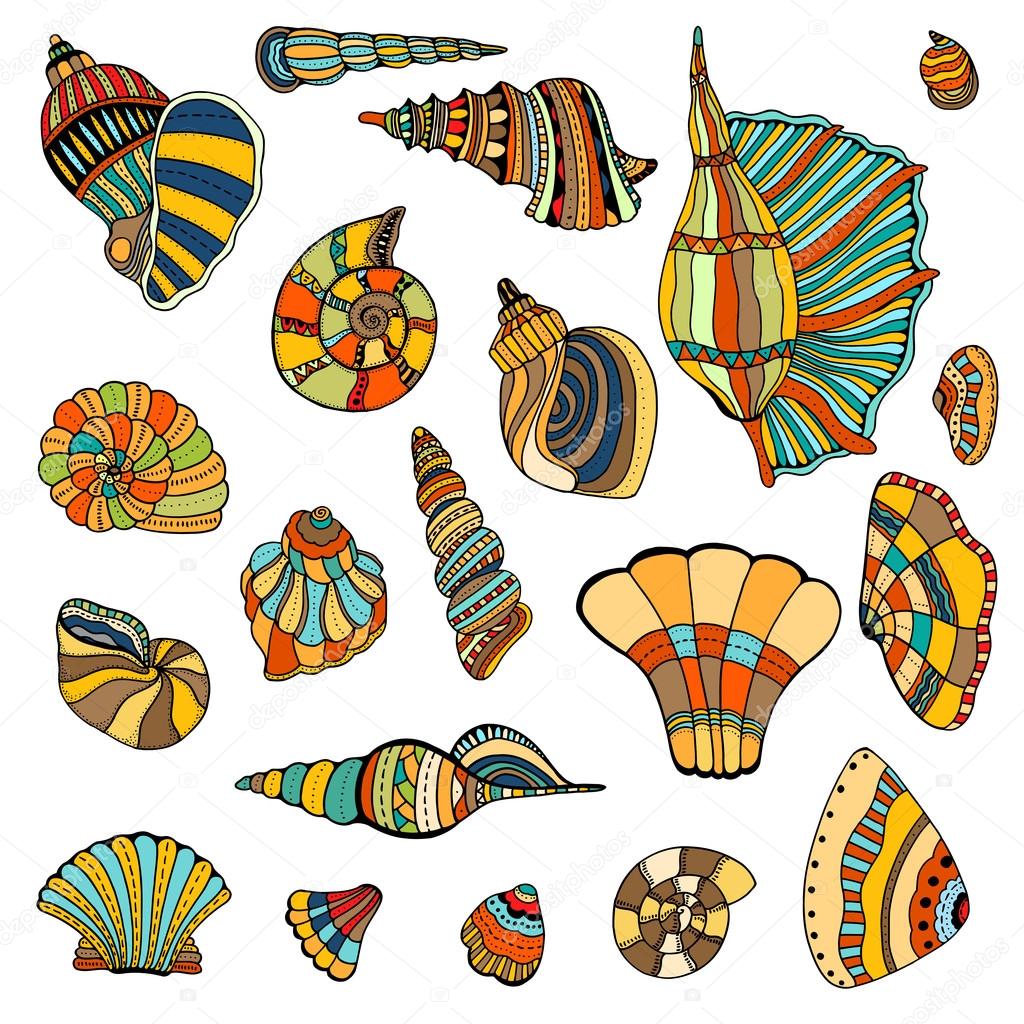 Seashell set collection. Vector illustration. Zentangle. Hand drawn artwork. Beach concept for restaurant menu card, ticket, branding, logo label.