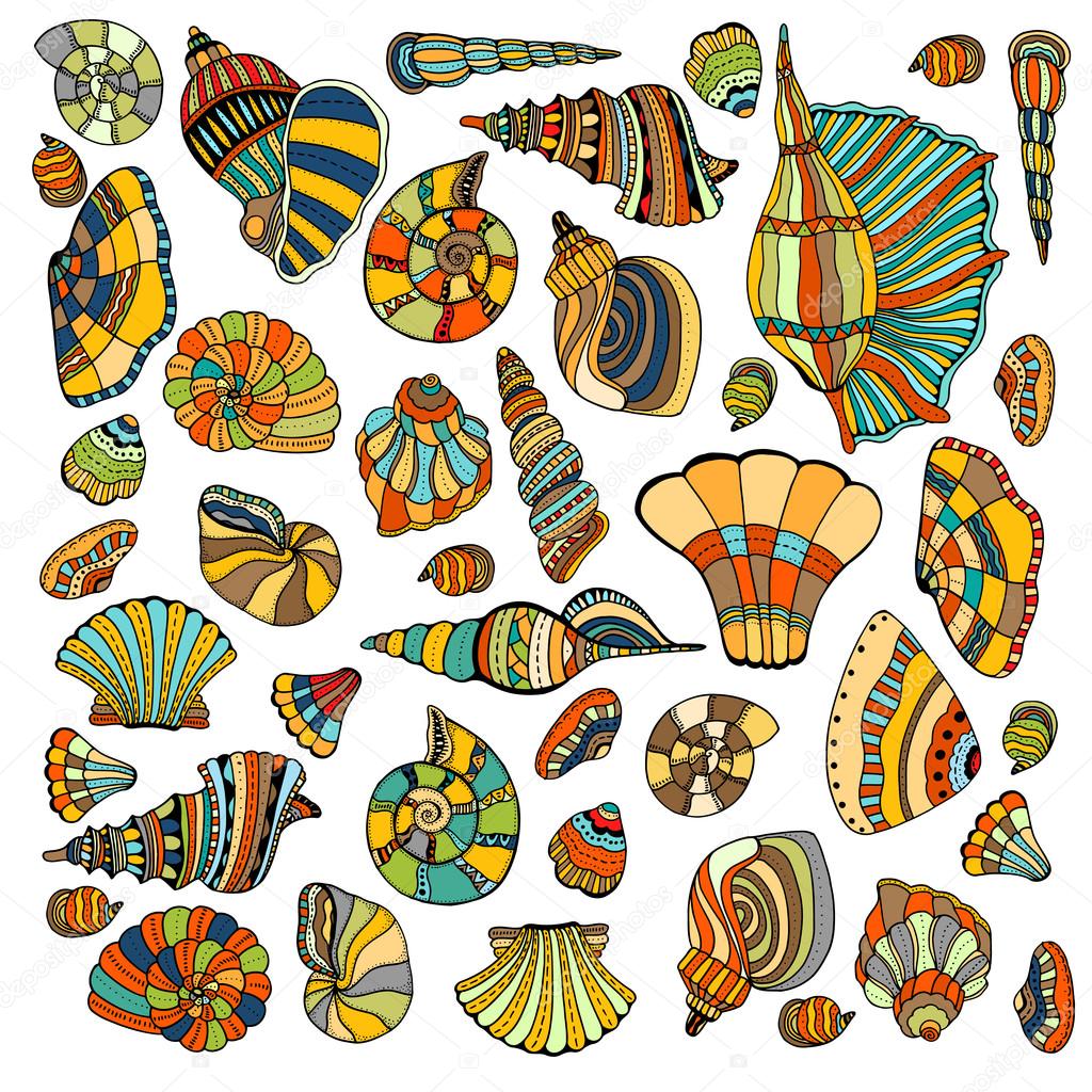 Seashell set collection. Vector illustration. Zentangle. Hand drawn artwork. Beach concept for restaurant menu card, ticket, branding, logo label.