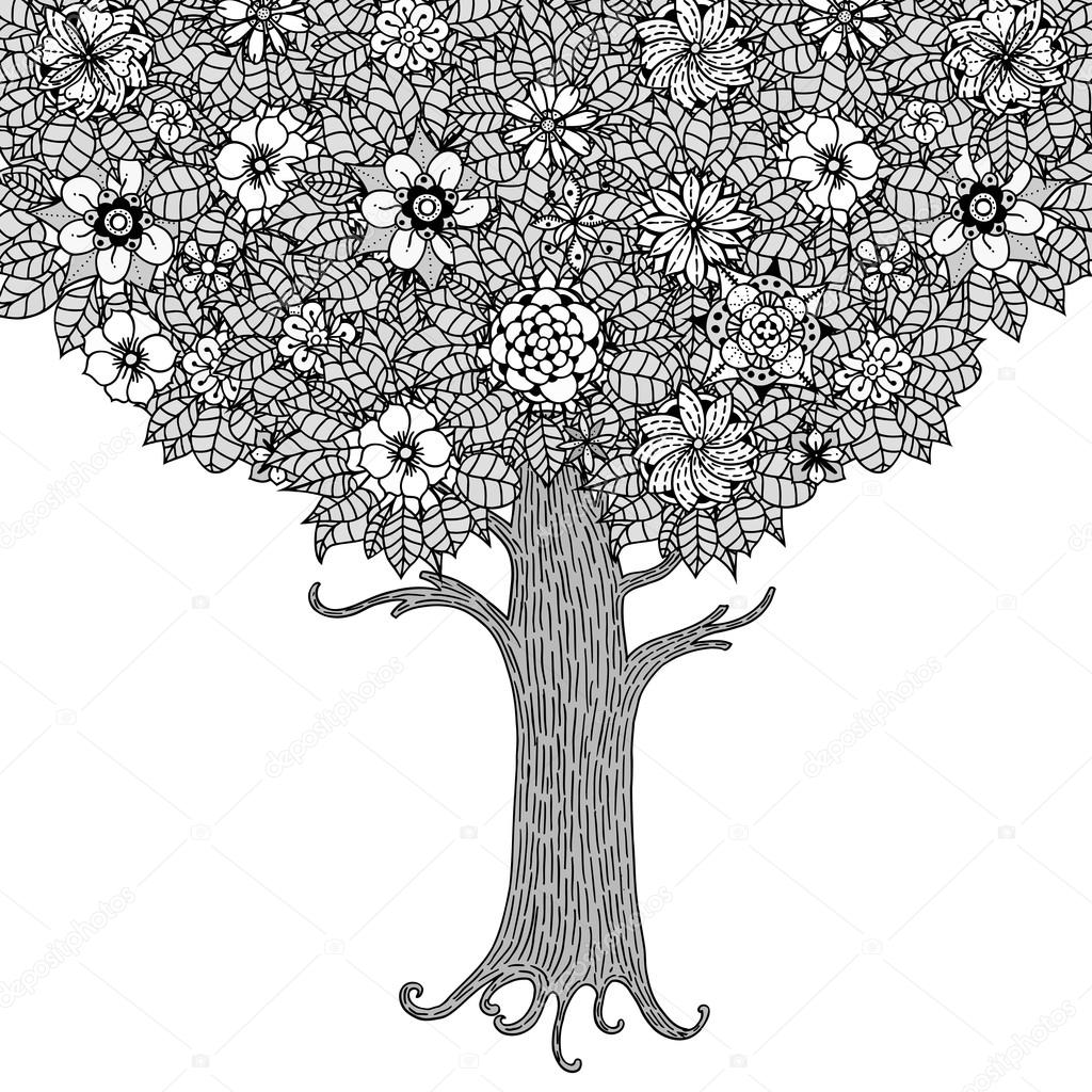 Albero con foglie e fiori Vettore Pagina di libro da colorare per adulti Disegnato a mano Concetto di Boemia per invito a nozze cartolina biglietto