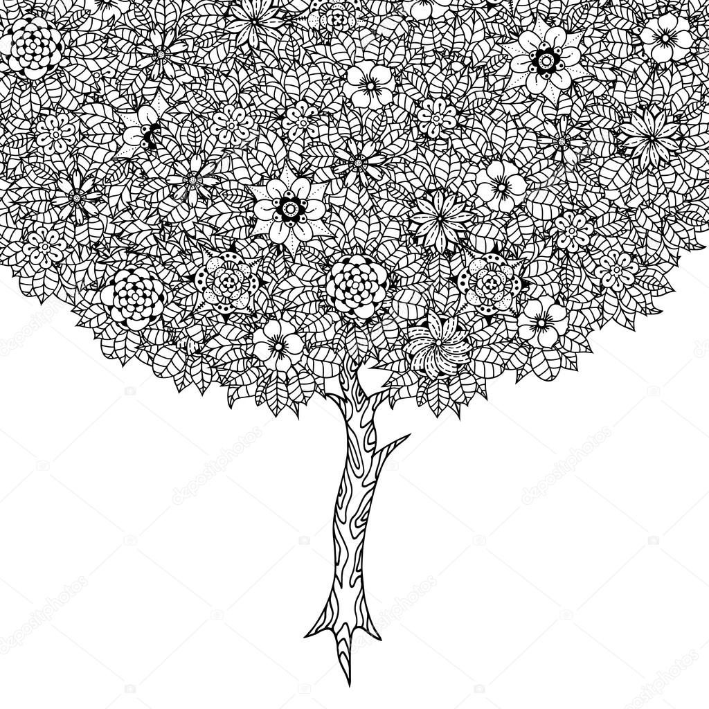 Albero con foglie e fiori Vettore Pagina di libro da colorare per adulti Disegnato a mano Concetto di Boemia per invito a nozze cartolina biglietto