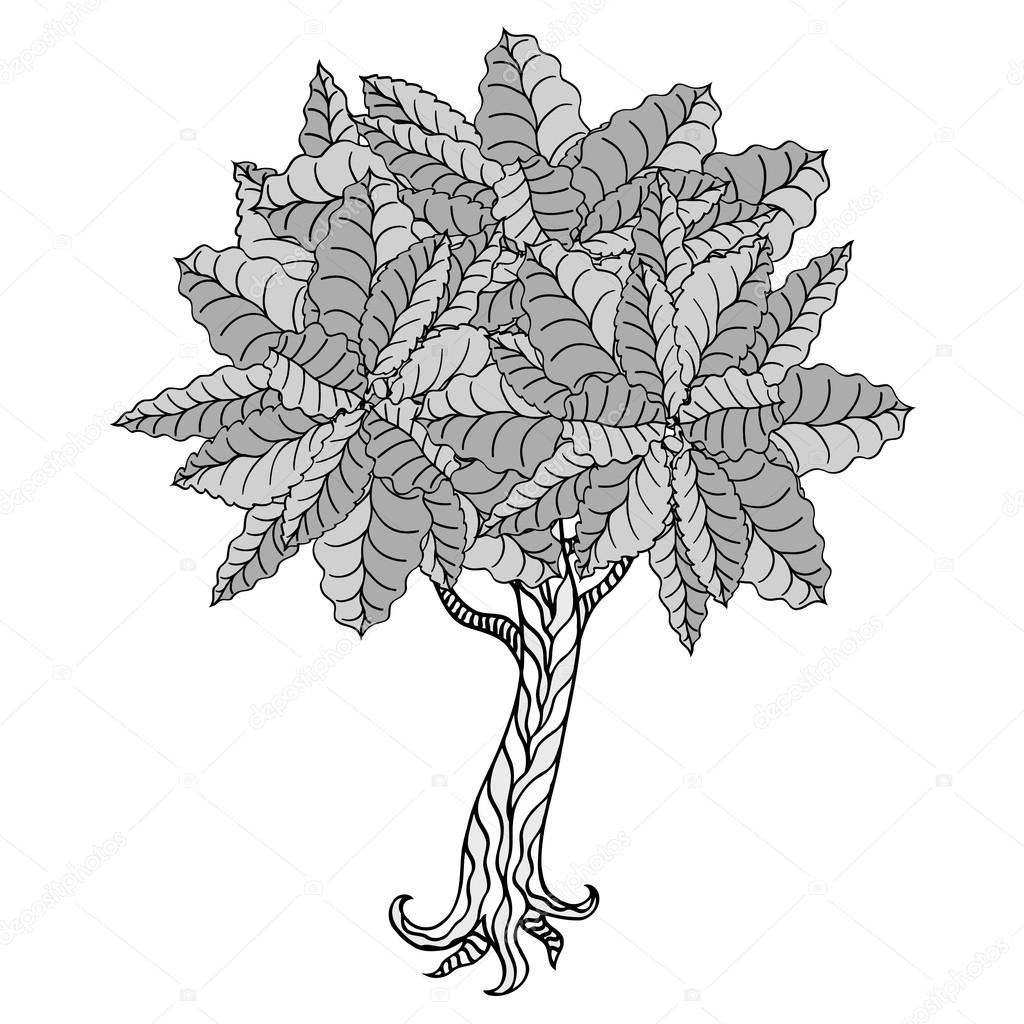 Tree with leaves. Vector. Coloring book page for adults. Hand drawn. Bohemia concept for wedding invitation, card, ticket, branding, logo, label. Black and white