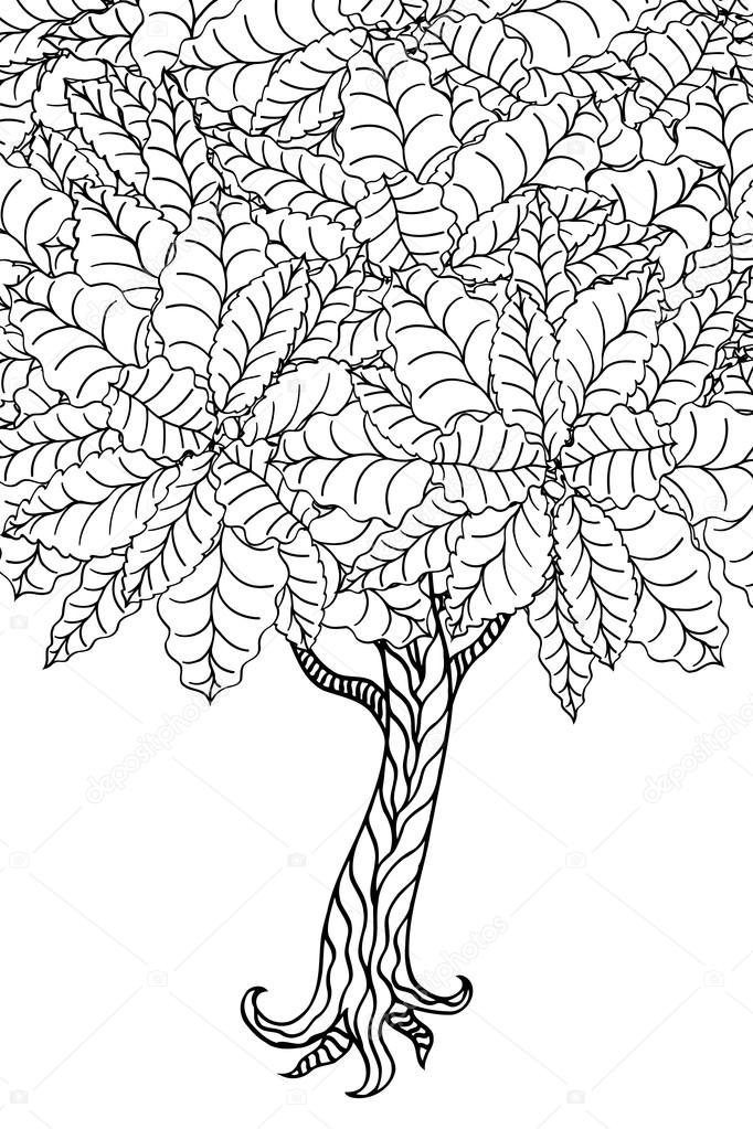 Tree with leaves. Vector. Coloring book page for adults. Hand drawn. Bohemia concept for wedding invitation, card, ticket, branding, logo, label. Black and white