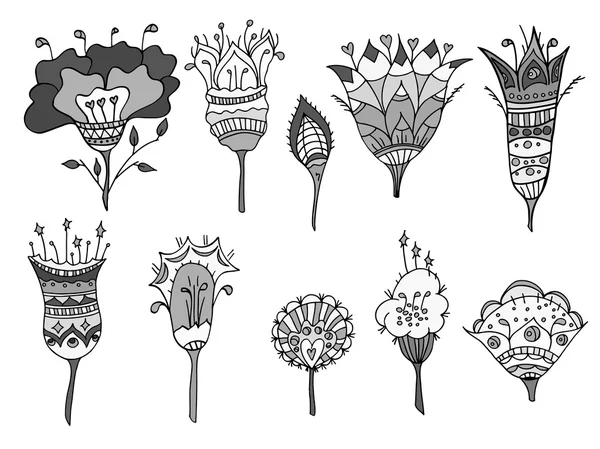 Flores de garabato monocromo — Vector de stock