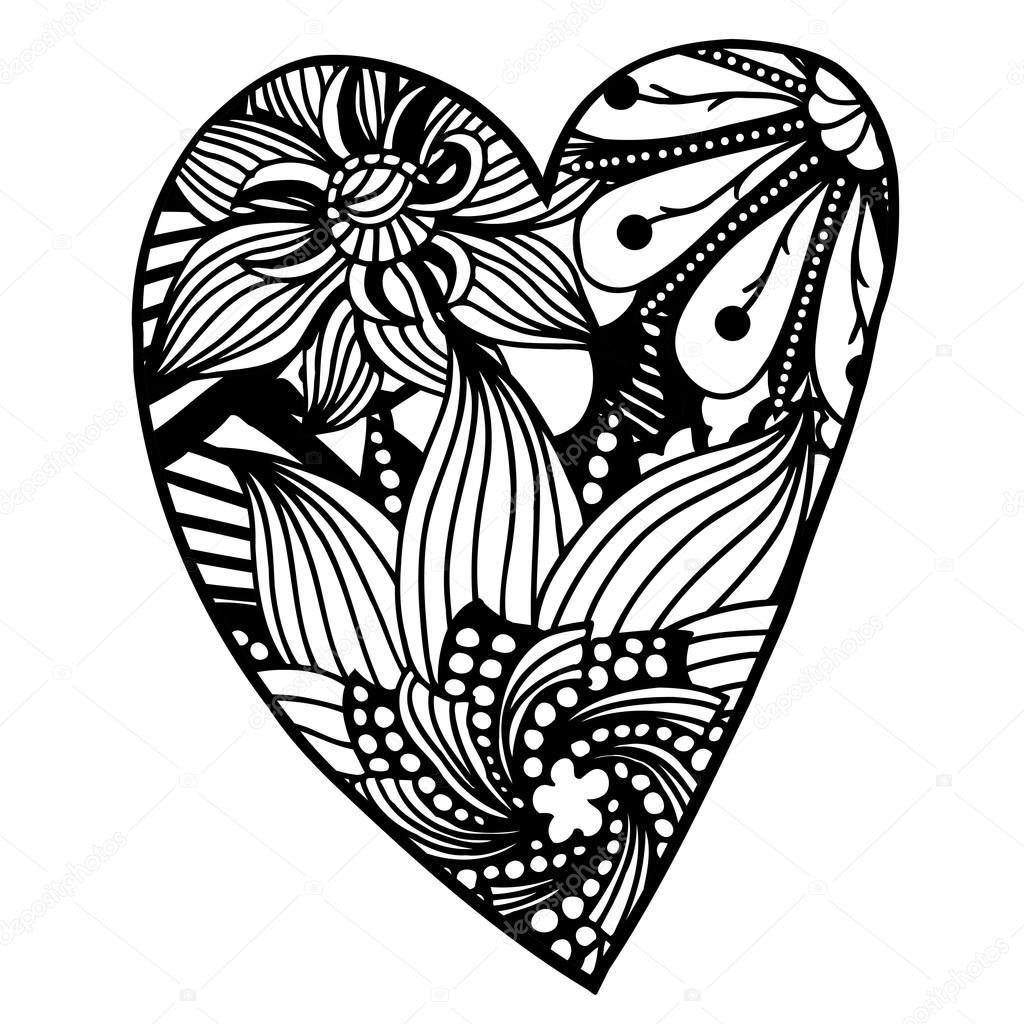 Vector Heart Shaped Pattern For Coloring Book Ethnic Retro Design In Zentangle Style With Floral ElementsBlack Line Art On White Background