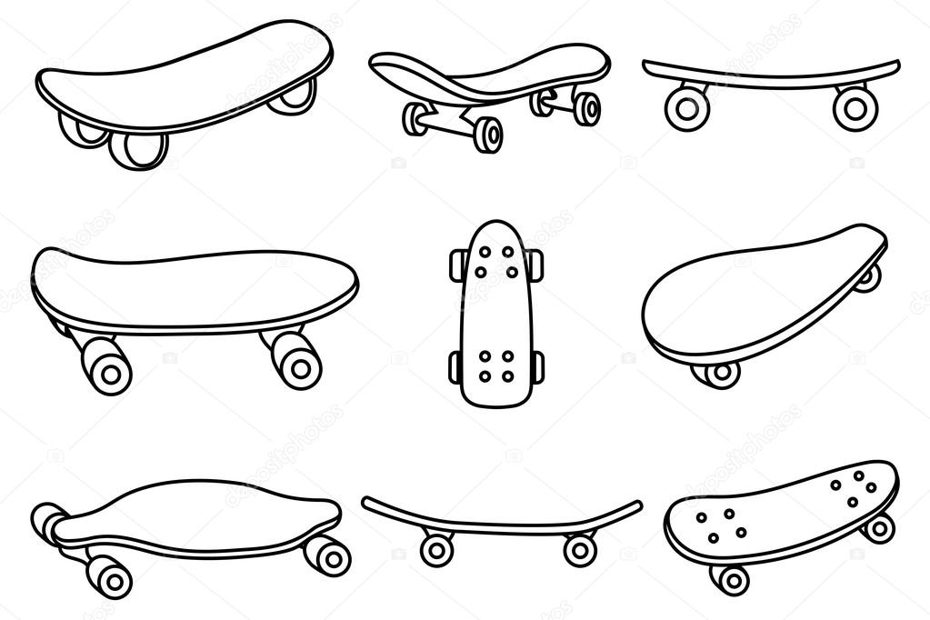 Set of black and white skateboards. For labels, logos, icons. Attributes of skateboarding. Skate set with caps. Skate set for print and sticker. Skateboard style. Vector.