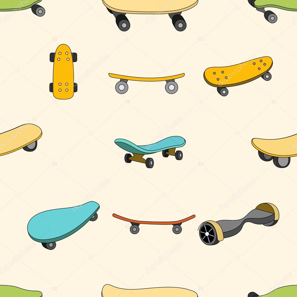 Seamless color pattern with skateboards. Pattern with skateboards for prints, fabric, stickers. Wallpaper with a pattern of skateboards in a linear style. Skateboard pattern for hipster design. Vector