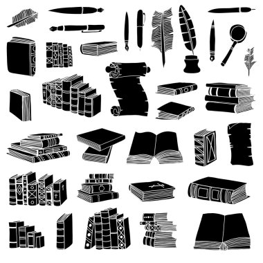 Set kitap ve kalemler.