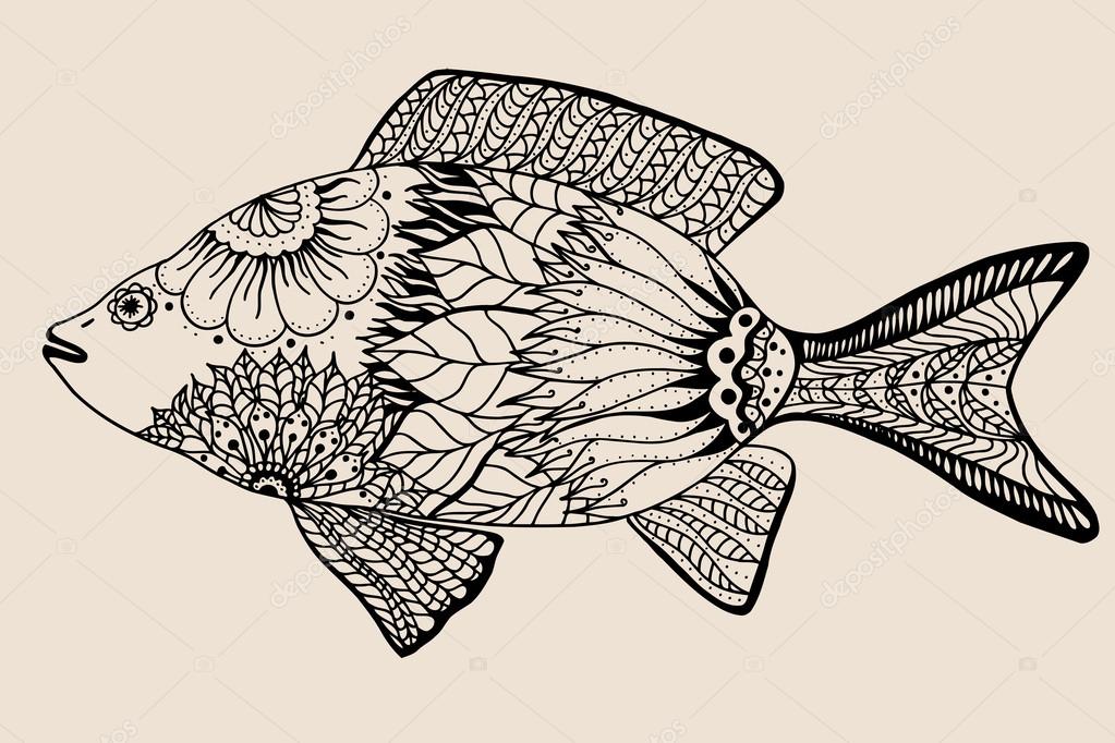Ornamental graphic fish. Vector vintage engraving. Zentangle. Hand drawn artwork. Bohemia concept for restaurant menu card, branding, logo label. Black and beige
