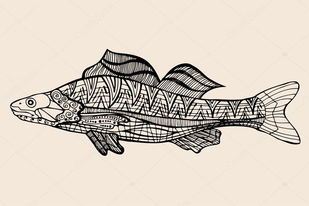 Ornamental graphic fish. Vector vintage engraving. Zentangle. Hand drawn artwork. Bohemia concept for restaurant menu card, branding, logo label. Black and beige