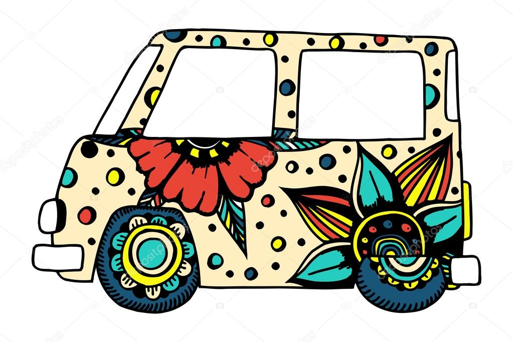 Funny car a mini van for adult anti stress. Coloring page with high details. Made by trace from sketch. Hippy color vector illustration.