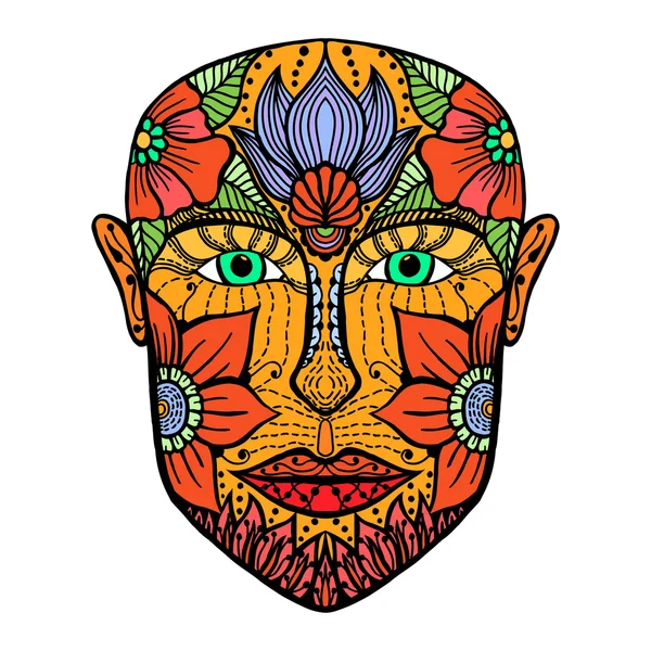 Hombre cara de flores. Libro para colorear página para adultos. Obras de arte vectoriales. Retrato increíble dibujado a mano. Concepto de bohemia del amor para la invitación de la boda, tarjeta, boleto, marca, logotipo de la boutique, etiqueta — Archivo Imágenes Vectoriales